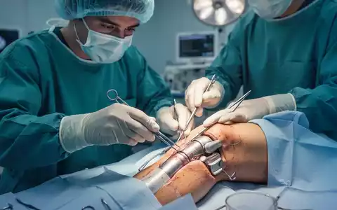 Ein Chirurg in OP-Kleidung führt eine Kniegelenkersatzoperation durch, mit Fokus auf die Hände und Instrumente. - Foto: über boerse-global.de