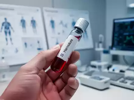 Eine Nahaufnahme einer Hand, die ein Blutröhrchen mit der Aufschrift 'Harnsäure' hält, im Hintergrund verschwommene medizinische Diagramme. - Foto: über boerse-global.de