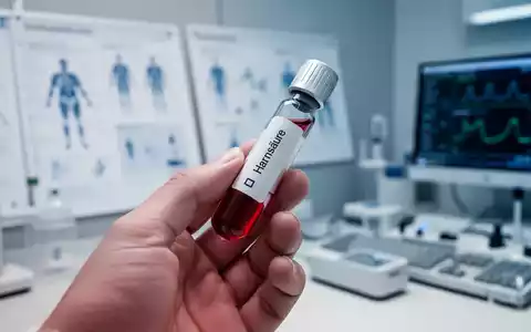 Eine Nahaufnahme einer Hand, die ein Blutröhrchen mit der Aufschrift 'Harnsäure' hält, im Hintergrund verschwommene medizinische Diagramme. - Foto: über boerse-global.de