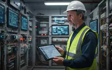 Ein Elektrofachmann in einem modernen Kontrollraum überprüft Schaltpläne auf einem Tablet, um die elektrische Sicherheit zu gewährleisten. - Foto: über boerse-global.de