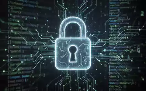 Leuchtendes Vorhängeschloss-Symbol über verschwommenen digitalen Datenströmen und Codezeilen, symbolisiert Datensicherheit in KI. - Foto: über boerse-global.de