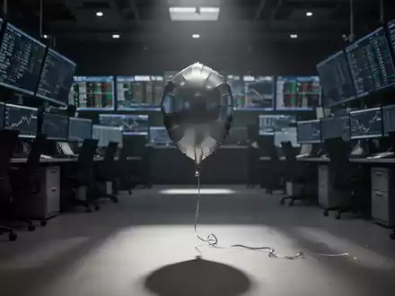 Ein einzelner, schrumpfender Ballon auf einem leeren, dunklen Finanzparkett, der Rückgang und sinkende Renditen symbolisiert. - Foto: über boerse-global.de