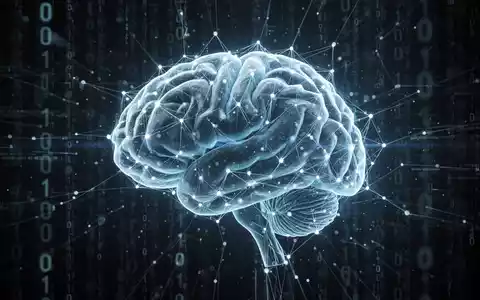 Leuchtendes, abstraktes digitales Gehirn oder neuronales Netzwerk als KI-Darstellung, über dunklem Hintergrund mit Binärcode und Sicherheitselementen. - Foto: über boerse-global.de