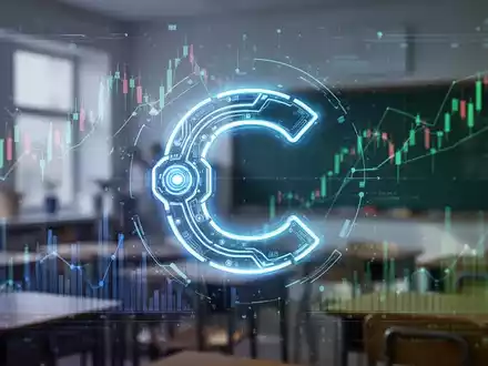 Leuchtendes, stilisiertes KI-Assistenten-Symbol über verschwommenem Hintergrund mit Finanzcharts und Klassenzimmer. - Foto: über boerse-global.de