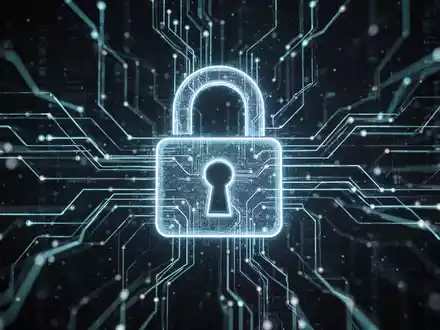 Ein digitales Vorhängeschloss-Symbol über einem stilisierten Netzwerk aus leuchtenden Datenlinien vor dunklem, technischem Hintergrund. - Foto: über boerse-global.de