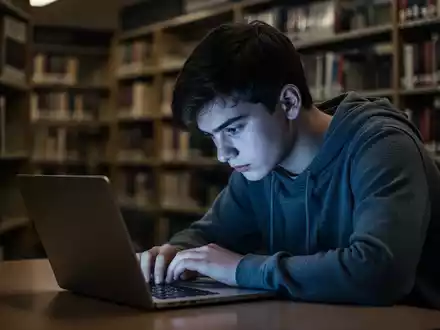 Ein junger Student mit gesenktem Kopf, beleuchtet vom Laptopbildschirm in einer dunklen Universitätsbibliothek, symbolisiert mentale Belastung. - Foto: über boerse-global.de