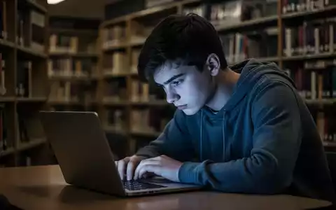 Ein junger Student mit gesenktem Kopf, beleuchtet vom Laptopbildschirm in einer dunklen Universitätsbibliothek, symbolisiert mentale Belastung. - Foto: über boerse-global.de