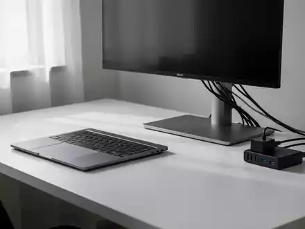 Ein aufgeräumter, minimalistischer Schreibtisch mit Laptop, Monitor und ordentlichem Kabelmanagement, der Konzentration und Effizienz ausstrahlt. - Foto: über boerse-global.de