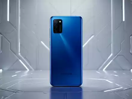 Schlankes Blaze Blue Samsung Galaxy M47 5G Smartphone vor minimalistischem High-Tech-Hintergrund. - Foto: über boerse-global.de