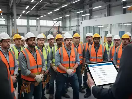 Eine Gruppe von Bauarbeitern in Schutzkleidung nimmt an einem Seminar zur Arbeitssicherheit teil. - Foto: über boerse-global.de