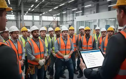 Eine Gruppe von Bauarbeitern in Schutzkleidung nimmt an einem Seminar zur Arbeitssicherheit teil. - Foto: über boerse-global.de