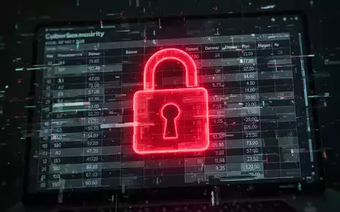 Glühendes rotes Vorhängeschloss über einer fehlerhaften Tabelle auf einem Bildschirm, Symbol für eine Cybersicherheitslücke in Excel. - Foto: über boerse-global.de