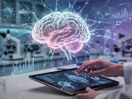 Ein futuristisches, leuchtendes Gehirn-Hologramm umgeben von neuronalen Netzwerklinien und Datenvisualisierungen, im Hintergrund ein Forschungslabor. - Foto: über boerse-global.de
