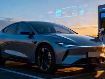 Ein futuristisches Elektrofahrzeug lädt an einer Station mit digitalen Transaktionsanzeigen im Hintergrund. - Foto: über boerse-global.de