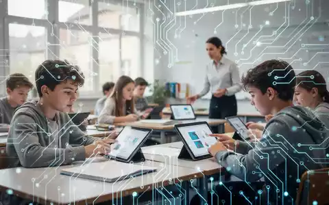 Stilisierte neuronale Netzstruktur über unscharfem Bild eines modernen Klassenzimmers, symbolisiert KI in der deutschen Bildung. - Foto: über boerse-global.de