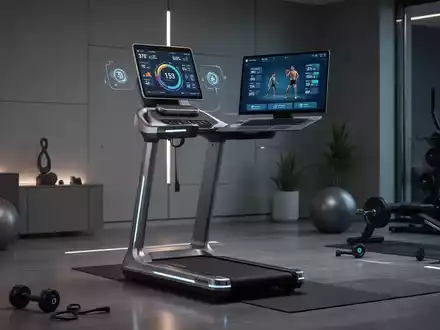 Eine moderne digitale Kraftstation mit einem großen Bildschirm in einem eleganten Heim-Fitnessraum, der technologische Fitnessgeräte zeigt. - Foto: über boerse-global.de