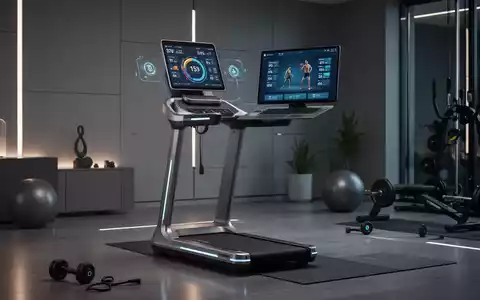 Eine moderne digitale Kraftstation mit einem großen Bildschirm in einem eleganten Heim-Fitnessraum, der technologische Fitnessgeräte zeigt. - Foto: über boerse-global.de