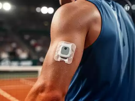 Ein Tennisspieler mit einem Glukose-Sensor auf dem Rücken, der die Herausforderungen von Diabetes im Profisport symbolisiert. - Foto: über boerse-global.de