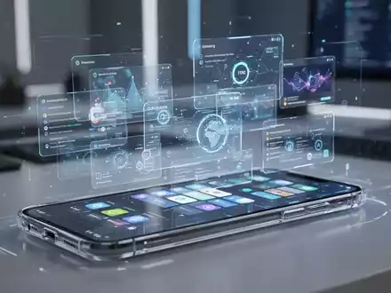 Transparenter Smartphone-Bildschirm mit mehreren geöffneten App-Fenstern, die erweiterte Multitasking-Funktionen darstellen. - Foto: über boerse-global.de