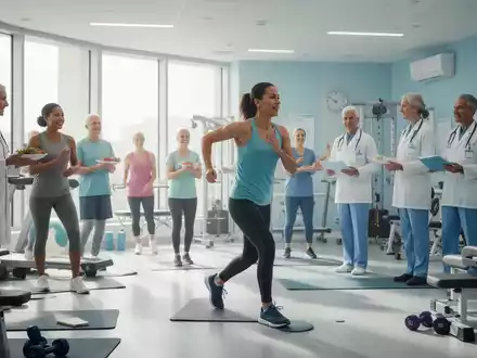 Eine Gruppe von Patienten trainiert unter Anleitung in einem modernen Physiotherapiezentrum, symbolisch für präoperative Vorbereitung. - Foto: über boerse-global.de