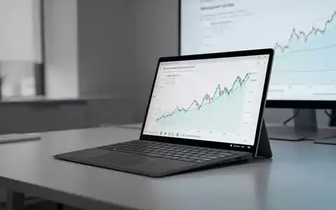 Ein schlanker Microsoft Surface Laptop liegt geöffnet auf einem modernen Schreibtisch, im Hintergrund ein unscharfer Finanzchart auf einem Bildschirm. - Foto: über boerse-global.de