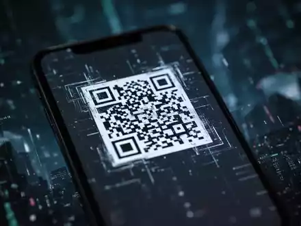 Nahaufnahme eines Smartphones mit einem QR-Code auf dem Bildschirm vor einem unscharfen, dunklen digitalen Hintergrund, der Cyber-Bedrohungen andeutet. - Foto: über boerse-global.de