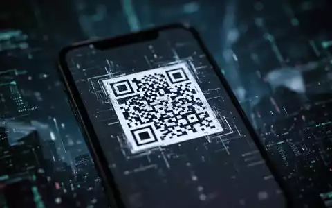Nahaufnahme eines Smartphones mit einem QR-Code auf dem Bildschirm vor einem unscharfen, dunklen digitalen Hintergrund, der Cyber-Bedrohungen andeutet. - Foto: über boerse-global.de