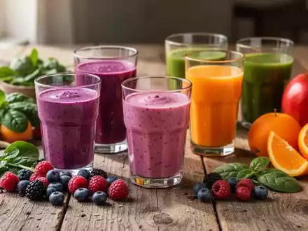 Ein Stillleben aus verschiedenen Smoothies und DirektsĂ€ften in GlĂ€sern, umgeben von frischem Obst und GemĂŒse auf einem Holztisch. - Foto: ĂŒber boerse-global.de