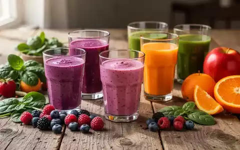 Ein Stillleben aus verschiedenen Smoothies und Direktsäften in Gläsern, umgeben von frischem Obst und Gemüse auf einem Holztisch. - Foto: über boerse-global.de