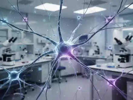 Abstrakte Darstellung von neuronalen Bahnen und Synapsen in blauen und violetten Lichtern, die neurologische Therapien symbolisieren. - Foto: über boerse-global.de