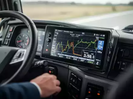 Ein intelligenter Fahrtenschreiber auf dem Armaturenbrett eines modernen Nutzfahrzeugs, der digitale Fahrdaten anzeigt. - Foto: über boerse-global.de