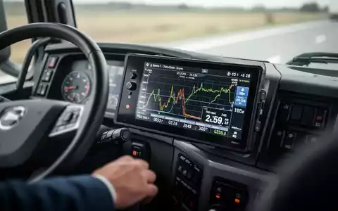 Ein intelligenter Fahrtenschreiber auf dem Armaturenbrett eines modernen Nutzfahrzeugs, der digitale Fahrdaten anzeigt. - Foto: über boerse-global.de