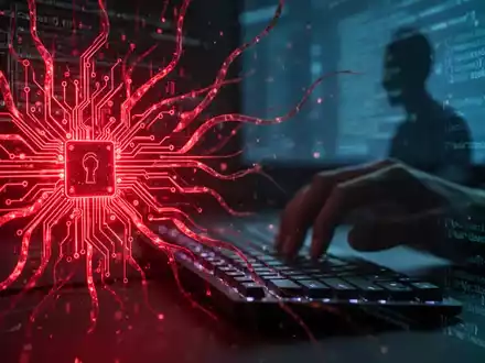 Glühende rote Platine mit digitalen Ranken, die zu einer verschwommenen Hand auf einer Tastatur greifen, symbolisiert einen Cyberangriff auf KI-Code. - Foto: über boerse-global.de