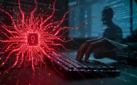 Glühende rote Platine mit digitalen Ranken, die zu einer verschwommenen Hand auf einer Tastatur greifen, symbolisiert einen Cyberangriff auf KI-Code. - Foto: über boerse-global.de