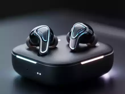 Schlanke, futuristische kabellose Ohrhörer auf einer minimalistischen Ladehülle, die ein Premium-Audioerlebnis zeigen. - Foto: über boerse-global.de