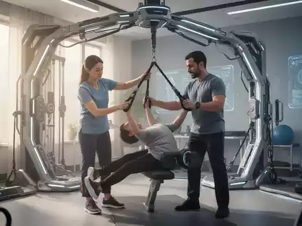 Ein Physiotherapeut unterstützt einen Patienten bei einer Gehübung mit einem hochmodernen Seilsystem in einem hellen Therapieraum. - Foto: über boerse-global.de