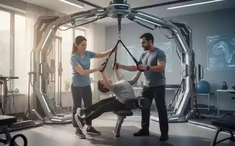 Ein Physiotherapeut unterstützt einen Patienten bei einer Gehübung mit einem hochmodernen Seilsystem in einem hellen Therapieraum. - Foto: über boerse-global.de
