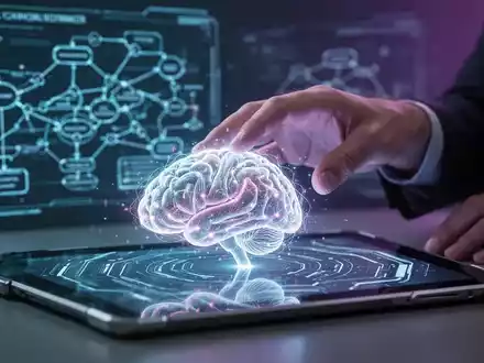 Eine Hand schwebt über einem digitalen Gehirn auf einem Tablet, im Hintergrund verschwommene Problemlösungsdiagramme, in kühlem Licht. - Foto: über boerse-global.de