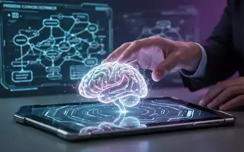 Eine Hand schwebt über einem digitalen Gehirn auf einem Tablet, im Hintergrund verschwommene Problemlösungsdiagramme, in kühlem Licht. - Foto: über boerse-global.de
