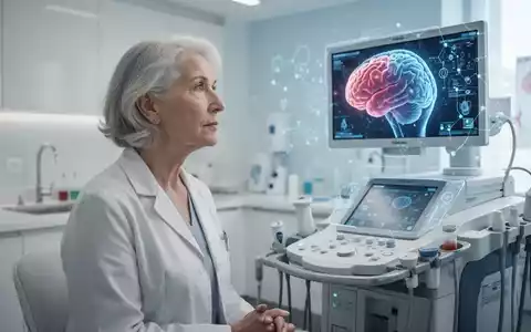 Eine nachdenkliche ältere Frau in einer modernen Klinik, die auf medizinische Geräte blickt, symbolisiert Gehirngesundheit und Hormontherapie. - Foto: über boerse-global.de