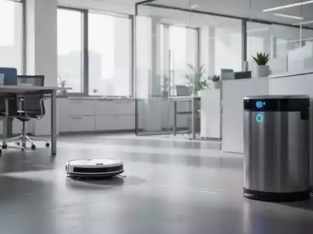 Ein makelloses, modernes Büro mit einem Reinigungsroboter und einem intelligenten Abfalleimer, der die Digitalisierung der Gebäudereinigung symbolisiert. - Foto: über boerse-global.de
