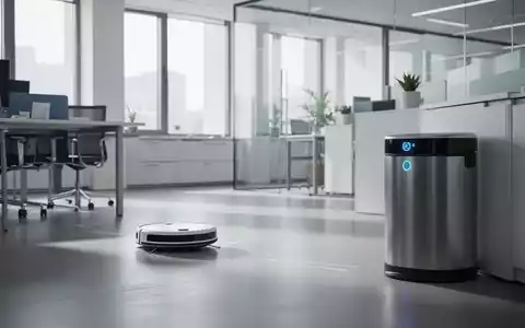 Ein makelloses, modernes Büro mit einem Reinigungsroboter und einem intelligenten Abfalleimer, der die Digitalisierung der Gebäudereinigung symbolisiert. - Foto: über boerse-global.de