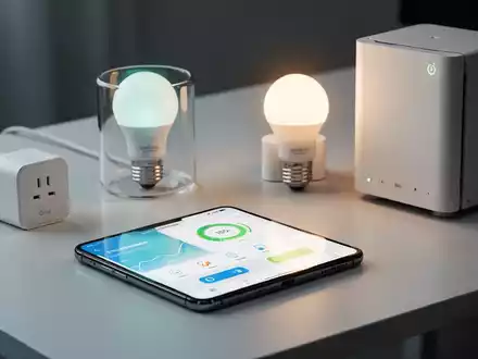 Smartphone-Bildschirm mit Smart-Home-App zur Energieüberwachung, umgeben von Smart-Geräten und einem NAS. - Foto: über boerse-global.de