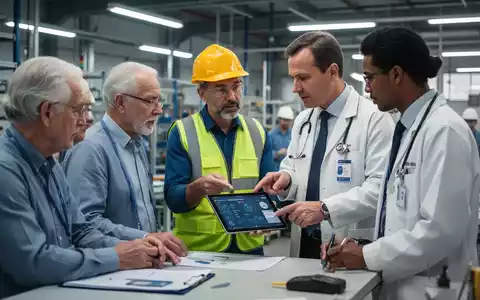Ein Team von Mitarbeitern, darunter auch ältere, in einem modernen Arbeitsumfeld, die mit einem Betriebsarzt und einer Sicherheitsfachkraft interagieren. - Foto: über boerse-global.de