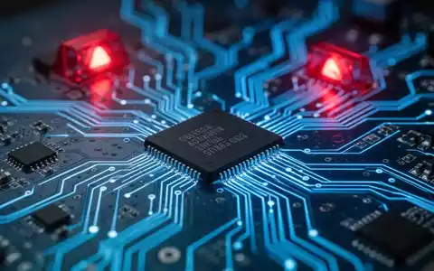Nahaufnahme einer leuchtend blauen Platine mit feinen Leiterbahnen und einer roten Warnleuchte, die Software- und Treiberprobleme symbolisiert. - Foto: über boerse-global.de