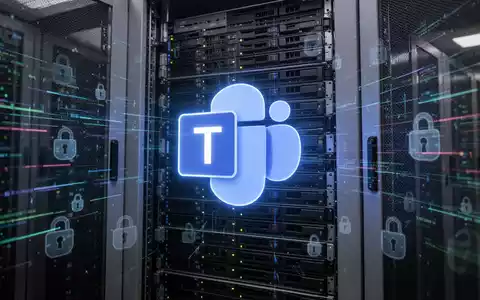 Ein leuchtendes Microsoft Teams-Logo auf einem Serverrack in einem Rechenzentrum, mit digitalen Datenströmen und Sicherheitssymbolen. - Foto: über boerse-global.de
