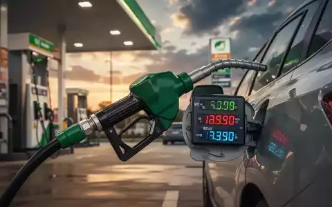 Eine Zapfpistole füllt Benzin in ein Auto, während eine Digitalanzeige steigende Preise zeigt, im Hintergrund eine Tankstelle. - Foto: über boerse-global.de