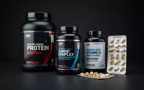 Eine Anordnung von Nahrungsergänzungsmitteln für den Sport, darunter Proteinpulver, Aminosäuren und Vitamine, auf einer dunklen Oberfläche. - Foto: über boerse-global.de