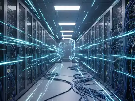Futuristisches Rechenzentrum mit blauen Lichtstreifen, Servern und Netzwerkkabeln, Symbol für fortschrittliche KI-Integration. - Foto: über boerse-global.de