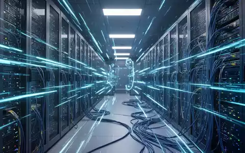 Futuristisches Rechenzentrum mit blauen Lichtstreifen, Servern und Netzwerkkabeln, Symbol für fortschrittliche KI-Integration. - Foto: über boerse-global.de